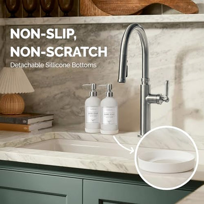 Vine Creations White Glass Soap Dispenser, 2 Pack Kitchen Soap Dispenser Set with Stainless Steel Pump, 16 oz Dish Soap and Hand Soap Dispensers for Bathroom with Waterproof Labels - color: Matte White Bottle / Silver Pump