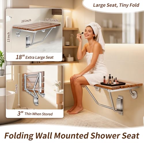 𝙐𝙥𝙜𝙧𝙖𝙙𝙚 18 Inch Teak Folding Shower Seat Wall Mounted, 420 Lbs Capacity Sturdy Shower Bench with 316 Stainless Steel Frame & Finish Caps, Narrow Bathroom Space Saving Teak Wood Shower Chair - size: 18 inch