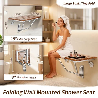 𝙐𝙥𝙜𝙧𝙖𝙙𝙚 18 Inch Teak Folding Shower Seat Wall Mounted, 420 Lbs Capacity Sturdy Shower Bench with 316 Stainless Steel Frame & Finish Caps, Narrow Bathroom Space Saving Teak Wood Shower Chair - size: 18 inch