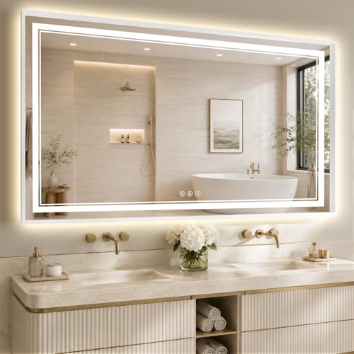 36"x60" LED Bathroom Mirror with Lights, Backlit + Front Lit, Anti-Fog, Lighted Bathroom Mirror with One-Piece Aluminum Alloy Frame, HD Shatterproof Tempered Glass, Dimmable, Memory Function - color: White, size: 60"L x 36"W