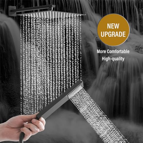 Shower Faucet Set Rain Shower System Matte Black with High Pressure 10-Inch Shower Head Handheld Square Shower Head Bathroom Luxury Rain Shower Faucet Shower Complete Combo Kit Wall Mounted - color: Matte Black, style: 10"- 2 Function