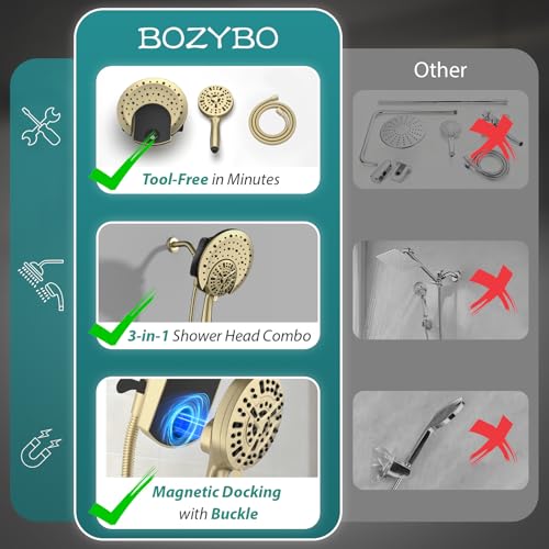 Foldable Rainfall Shower Head 9 Spray Settings/Modes Handheld Showerheads | High Pressure Shower Heads with Handheld Spray Combo, Built-in Magnetic Docking, Power Jets, Stainless Steel Shower Hose - color: Gold