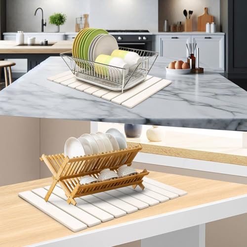Large Stone Dish Drying Mat for Kitchen Counter, 24"(L)×16"(W), Collapsible Quick Drying Mat, Absorbent Eco-Friendly Diatomaceous Earth Mats for Dishes Bottles and Match Any Countertop【White】