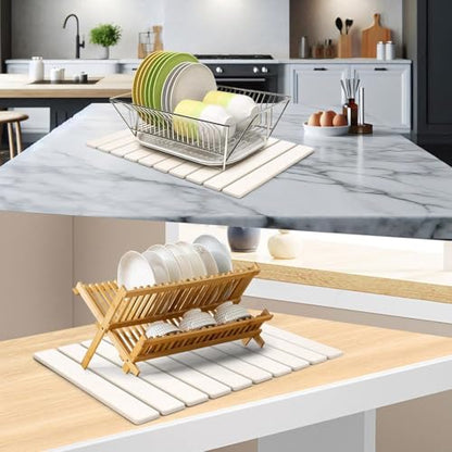 Large Stone Dish Drying Mat for Kitchen Counter, 24"(L)×16"(W), Collapsible Quick Drying Mat, Absorbent Eco-Friendly Diatomaceous Earth Mats for Dishes Bottles and Match Any Countertop【White】