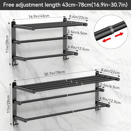 CAXIMSY Black Adjustable Towel Bar for Bathroom Wall Mount17-30.7inch Adhesive Shower Towel Rack Stainless Steel Bath Towel Holders for Toilet Kitchen Double Towel Hanger (Black 3-Layer Towel Rack)