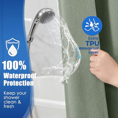 Linen-Like Shower Curtain, Waterproof Premium 250GSM Heavyweight Fabric, 72 x 72, with 12 Stainless Steel Hooks, Luxury Hotel Spa Bathroom Decor, Machine Washable, Weighted Hem, Grey Green - color: Linen-grey Green