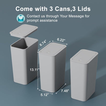 3 Pack 10 Liter / 2.6 Gallon Bathroom Trash Can, Small Trash Can with Lid, Garbage Can Waste Basket for Bathroom, Kitchen, Bedroom, Powder Room, Craft Room, Office, College (Gray) - color: Gray, size: 3 X 2.6 Gal