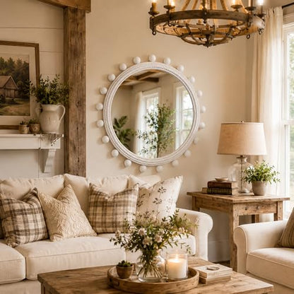 30" Round Rope Wall Mirror with 2 in Whitewashed Wood Beads | Soft white coastal farmhouse style, handwoven cotton rope frame for entryway, living room, bedroom, bathroom, powder room.