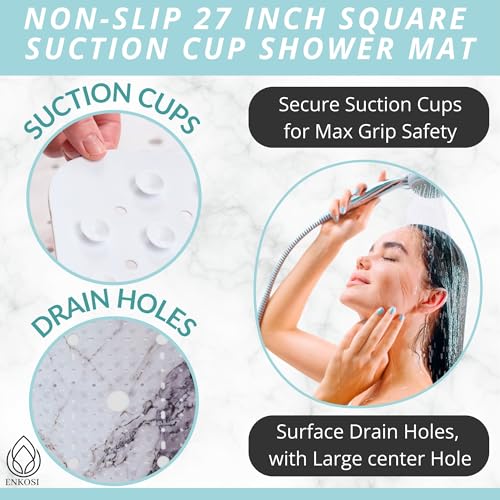 ENKOSI Square Shower Mat 27x27 inch - Anti Slip Shower Stall Floor Mat - Non Slip Shower Mats with Strong Secure Suction Cups and Drain Holes in Middle (27x27 Marble Grey) - color: Marble Gray