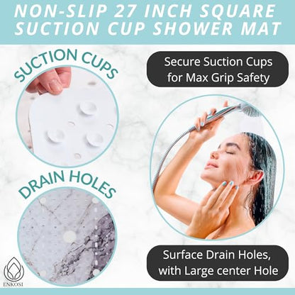 ENKOSI Square Shower Mat 27x27 inch - Anti Slip Shower Stall Floor Mat - Non Slip Shower Mats with Strong Secure Suction Cups and Drain Holes in Middle (27x27 Marble Grey) - color: Marble Gray