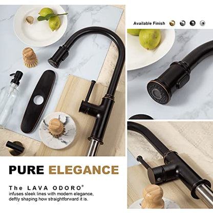 Lava Odoro Oil Rubbed Bronze Kitchen Faucet with Pull Down Sprayer, Single Hole Kitchen Sink Faucet, Single Handle Kitchen Faucet with 3-Function Magnetic Sprayer, Deck Plate Included, KF421-ORB-M - color: Oil Rubbed Bronze, style: 3-Mode, Magnetic