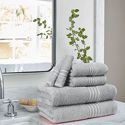 BOUTIQUO 6 Pack Cotton Towel Set, Contains 2 Bath Towels 28x55 inch, 2 Hand Towels 16x24 inch & 2 Wash Coths 12x12 inch, Ideal Everyday use, Ultra Soft Compact & Lightweight - Light Grey - color: Light Grey, size: 6 Pack Set