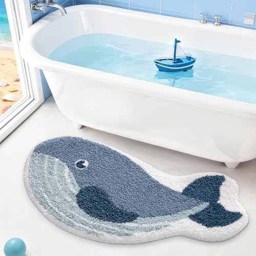 LUMI Cute Animal Bathroom Rugs, Soft Absorbent Non Slip Bath Mats, 24"x43" | Whale Shaped, Quick Dry Microfiber, Machine Washable, Ideal Floor Mat for Shower Sink Bathtub Kid’s Room Decor - color: Deep Whale-large
