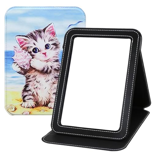 Foldable Travel Makeup Mirror PU Leather with Adjustable Stand, Desktop Portable Folding Rectangular Vanity Mirror for Travel, Camping, Office, 7x9 Inches - color: Cat