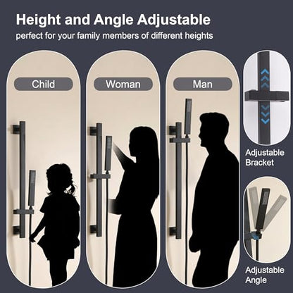 Bathroom Shower Slide Bar with Hand Shower Combo Set, 26.5 Inch Sliding Bar with Extr Long Shower Hose and Stainless Steel Wall Supply Eibow, Matte Black
