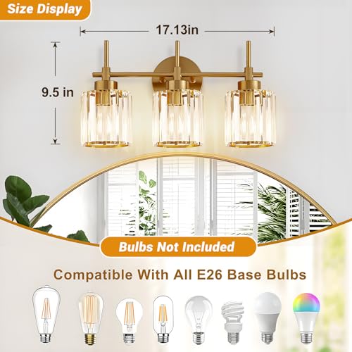 EJIAXIN Bathroom Lighting Fixtures, 3 Light Gold Bathroom Light Fixtures with Clear Shades Modern Crystal Vanity Light Bath Room Vanity Lighting Over Mirror Wall Light - color: Gold 3 Light, size: 3 Light