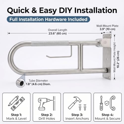 Flip Up Grab Bar, Fold Down Stainless Steel Handicap Grab Bars for Toilet with Knurled Surface, Swing Up Toilet Rails, 90 Degree Bathroom Safety Frame for Seniors, Shower & Tile Wall