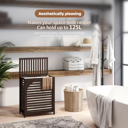 Laundry Hamper with Lid, Bamboo with Handles and Removable Liner Bag, 125L Laundry Basket for Bedroom, Bathroom & Laundry Room (Brown) - color: Brown