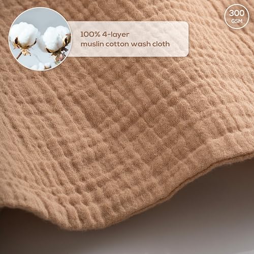 Muslin Baby Washcloths for Newborns, Pack of 8, 11"x11", Super Soft Cotton, Absorbent and Gentle, Baby Cotton Wipes, Baby wash Cloths - color: Brown