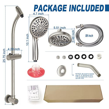 High Pressure Handheld/Rain 82-mode 3-way Shower Head Combo with 25.75" Adjustable Drill-free Stainless Steel Slide Bar, Pet & Tub Power Wash and Anti-clog Nozzles, with 5ft Hose - Brush Nickel - color: Brush Nickel