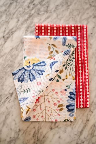 Kitchen Towels, Dish Towels for Kitchen, 2 Pc Kitchen Towel Set | Microfiber Waffle Towels, 16 x 26 inches, with Hanging Loops, Reusable Tea Towels, Cute Kitchen Towels - 2 Pack - color: Red Multi