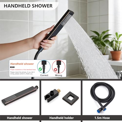 Midanya Shower System with Tub Spout,Bathtub Shower Faucet Set with Square Rainfall Head and Handheld Sprayer Wall Mount Tub Faucet Set with Valve and Trim Kit,16 Inch Oil Rubbed Bronze - color: Oil Rubbed Bronze, size: 16 Inch