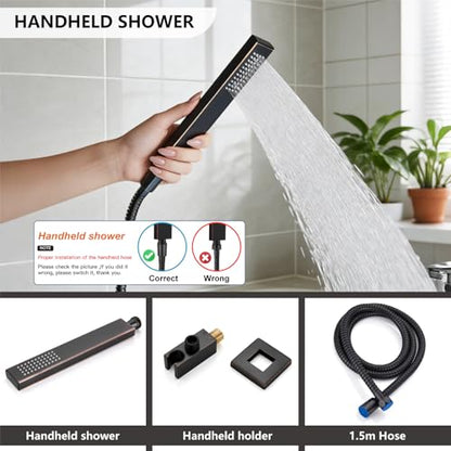 Midanya Shower System with Tub Spout,Bathtub Shower Faucet Set with Square Rainfall Head and Handheld Sprayer Wall Mount Tub Faucet Set with Valve and Trim Kit,16 Inch Oil Rubbed Bronze - color: Oil Rubbed Bronze, size: 16 Inch
