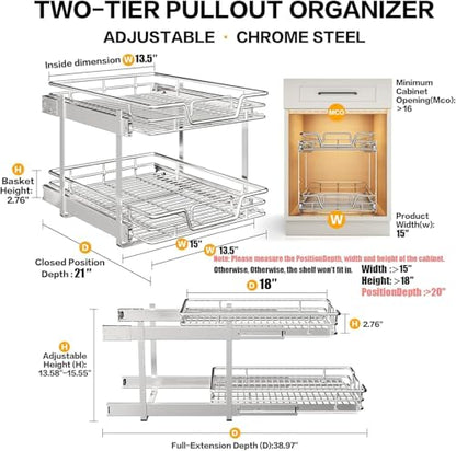 2-Tier Kitchen Cabinet Pull Out Shelf and Drawer Organizer Slide Out Pantry Storaqe Basket in Multiple Sizes (15" W x 21" D) - size: 15" W x 21" D