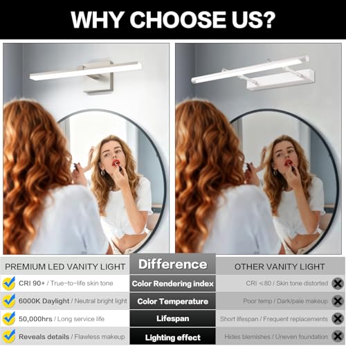 18 Inch Bathroom Vanity Light Over Mirror Brushed Nickel Arm Extra Wide LED Bar 6000K Daylight ETL IP44 CRI85+ - color: Brushed Nickel, size: 18-inch