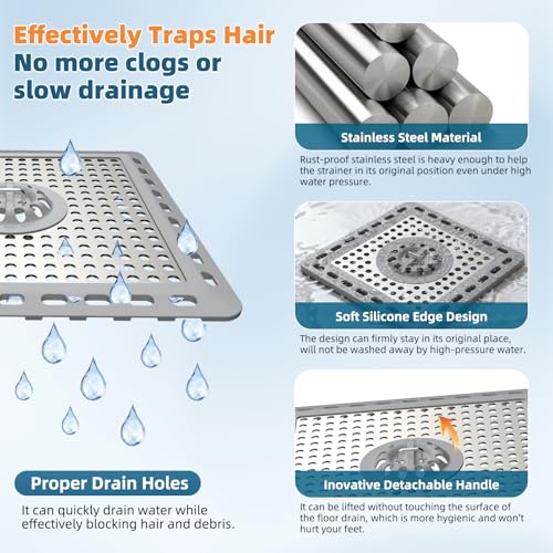 Hibbent Upgraded Shower Drain Hair Catcher, Shower Cover for Bathroom Floor 6" Drain, Anti-Clogging Bathtub Strainer, Stainless Steel Kitchen Sink Strainer with Handle, Grey - color: 6' Light Grey