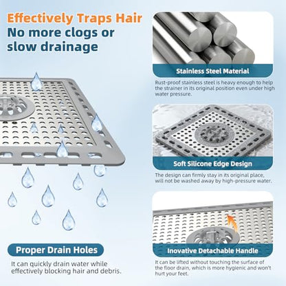 Hibbent Upgraded Shower Drain Hair Catcher, Shower Cover for Bathroom Floor 6" Drain, Anti-Clogging Bathtub Strainer, Stainless Steel Kitchen Sink Strainer with Handle, Grey - color: 6' Light Grey