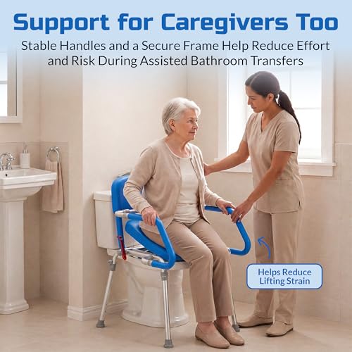 Raised Toilet Seat with Handles, Elevated Toilet Seat Riser for Seniors | Comfortable, Accessible Bedside Toileting - Blue, padded seat, backrest - size: 300lb. Capacity