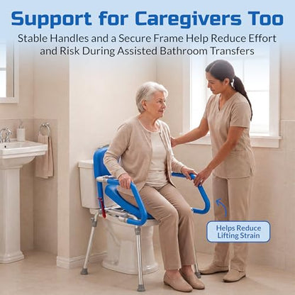 Raised Toilet Seat with Handles, Elevated Toilet Seat Riser for Seniors | Comfortable, Accessible Bedside Toileting - Blue, padded seat, backrest - size: 300lb. Capacity