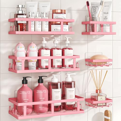 Youvip Pink Shower Caddy 6 Pack, Adhesive Shower Shelves | Pink Bathroom Decor, No Drilling, Rustproof, Large Capacity, 6 Adhesives, 24 Built-in Hooks, Dorm Apartment - color: Pink-6pc