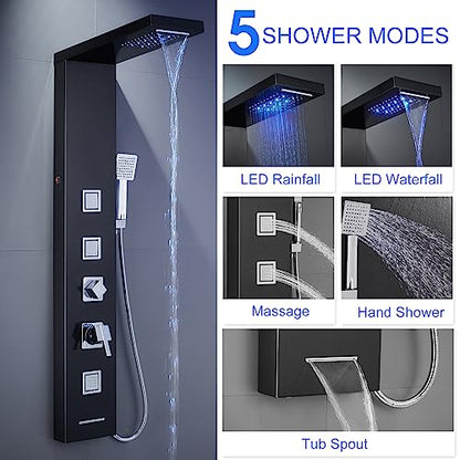 5-in-1 LED Shower Panel Tower System Stainless Steel Black | Rainfall + waterfall heads | 3 massage jets | Handheld shower | Tub spout | LED lights | Wall mount - color: Black