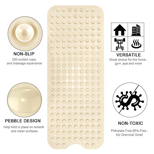 YINENN Bath and Shower Safety Mats 40x16 inch, Non Slip with Suction Cups for Bathroom Stall and Tub Floor, Extra Large and Machine Washable, Drain Holes Keep Bathtub Clean, Beige - color: Beige