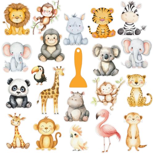 Whaline 24Pcs Woodland Animal Bathroom Non Slip Stickers Waterproof Anti Slip Bathtub Treads with Scraper Cartoon Forest Animal Adhesive Decals for Bathroom Shower Floor Decor