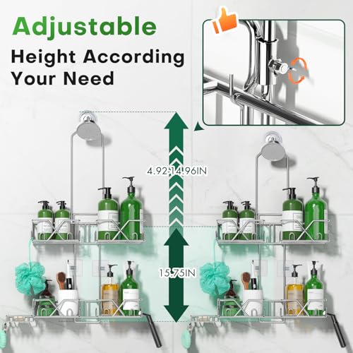 Sewulidon Stainless Steel Shower Caddy Hanging for Handheld Shower Heads,Rustproof Hose Shower Organizer Adjustable Length Shower Rack with 24 Hooks,Razor Holder,Soap Holder - color: New-Silver