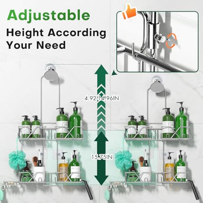 Sewulidon Stainless Steel Shower Caddy Hanging for Handheld Shower Heads,Rustproof Hose Shower Organizer Adjustable Length Shower Rack with 24 Hooks,Razor Holder,Soap Holder - color: New-Silver