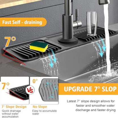 17.7-Inch Kitchen Sink Splash Guard Mat | 7° Slope for Fast Self-Draining | Snap-Lock Design | Universal & Cuttable Silicone - color: Black, size: 17.7" x 5.5"