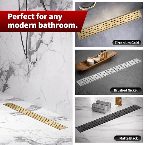 Sharp-tec Linear Shower Drain, 32 inch Shower Drain with Removable Pattern Cover, Brushed Gold 304 Stainless Steel Rectangle Floor Drain, Adjustable Feet and Hair Strainer Included (Model 101) - color: Gold, size: 32 inch