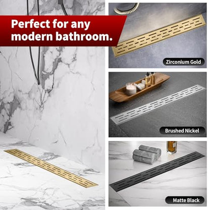 Sharp-tec Linear Shower Drain, 32 inch Shower Drain with Removable Pattern Cover, Brushed Gold 304 Stainless Steel Rectangle Floor Drain, Adjustable Feet and Hair Strainer Included (Model 101) - color: Gold, size: 32 inch
