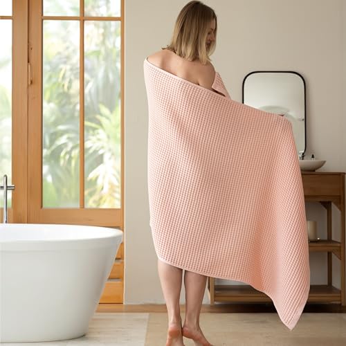 Premium Waffle Bath Towels Pack of 2 Extra Large 35x71 inch - 100% Turkish Cotton, Waffle Weave, Quick Dry, Lint Free, Oversized, Thin Bath Sheet Towel (Light Pink, Set of 2 Bath Towels) - color: Light Pink, size: Set of 2 Bath Towels