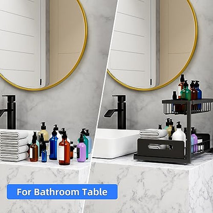 2-Tier Under Sink Slide Out Organizer, Pull Out Cabinet Storage Shelf with Sliding Wire Basket Drawer for Bathroom Kitchen, Countertop or Pantry Shelf, Black