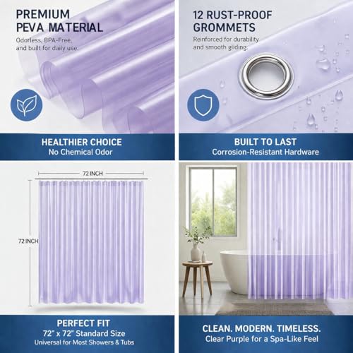 EHZNZIE Purple Shower Curtain Liner 72x72, PEVA Waterproof Bath Curtain, No Chemical Smell, 3 Weighted Magnets, Durable with Rustproof Metal Grommets - color: Clear Purple, size: 72"W x 72"L (Pack of 1)