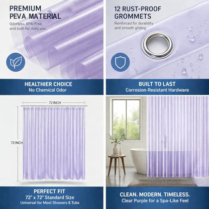 EHZNZIE Purple Shower Curtain Liner 72x72, PEVA Waterproof Bath Curtain, No Chemical Smell, 3 Weighted Magnets, Durable with Rustproof Metal Grommets - color: Clear Purple, size: 72"W x 72"L (Pack of 1)