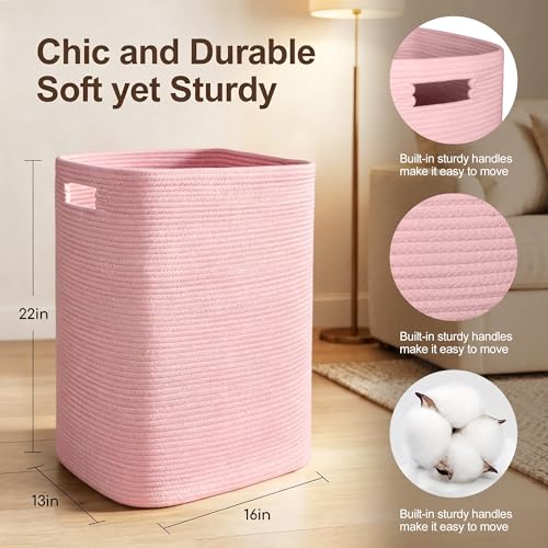 Large Laundry Hamper 16"x13"x22" - Tall Woven Laundry Basket, Cotton Rope Dirty Clothes Hamper, Baby Kids Nursery Wicker Laundry Basket, Bedroom Aesthetic, Soft Laundry Bin, Pink Hamper, 75L - color: Pink
