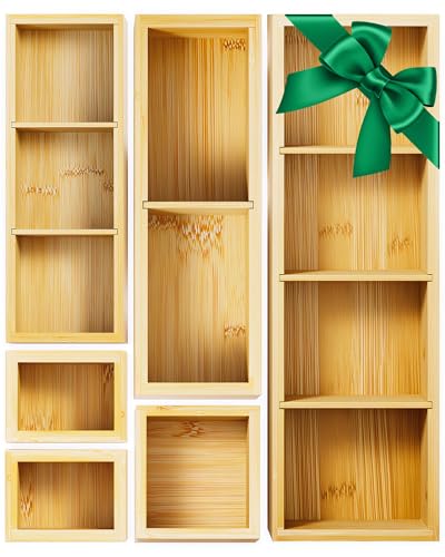 Bamboo Drawer Organizer Set, 6 PCS Trays with 12 Compartments | Natural Bamboo, Flexible Modular Trays, Water-Resistant, Stackable Design, Adjustable, Excellent Organization, Easy to Clean - size: 12 Compartments