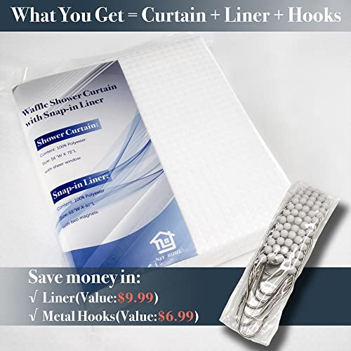 N&Y HOME 54 x 78 Waffle Weave Shower Curtain with Snap-in Liner Set White | 12 Metal Hooks Included, Snap on/off Fabric Liner, Hotel Style & Mesh Top Window, Machine Washable, 54x78 Shower Stall Size - color: White, size: 54"W x 78"L (Pack of 1)