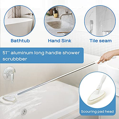 Qaestfy Shower Scrubber Cleaning Brush Combo Bath Tub Tile Cleaner Scrubber Brush with 51'' Adjustable Long Handle Scrub Brush for Bathroom Shower Bathtub Wall Mop Cleaning Scrubbing - color: White